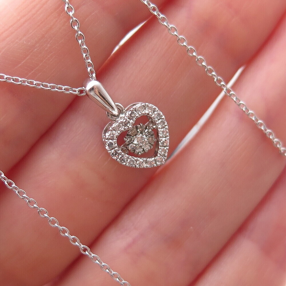925 Sterling Silver Real Round-Cut Diamond Heart Cable Chain Necklace 18"